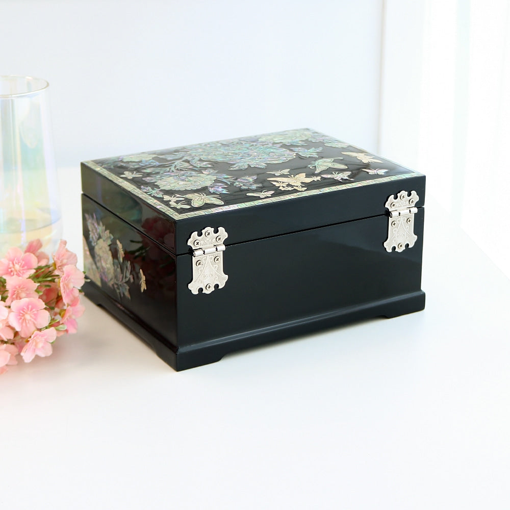 Najeonchilgi Peony Flower 2-Tier Mother of Pearl Jewelry Box Black, 18 cm