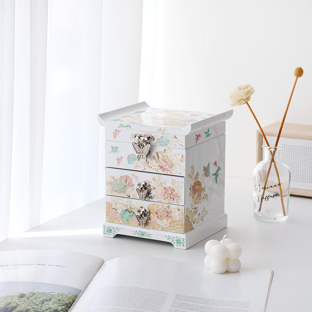 Najeonchilgi Peony White Drawer Mother of Pearl Jewelry Box