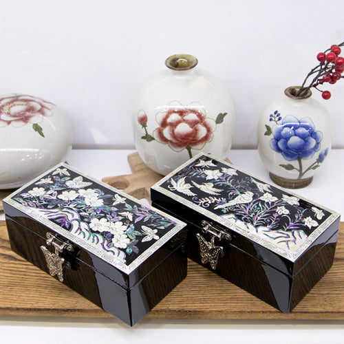 Joseon Mother of Pearl Straight - Sided Jewelry Box - Peony, Crane & Pine, Butterfly, Flowers & Birds Motif (1-Tier, Oh Myung - Ho)