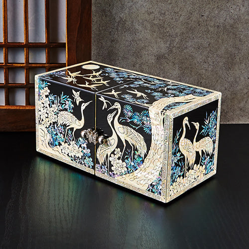 Crane & Pine Cloud Pattern Border Double Lidded Mother of Pearl Jewelry Box (Medium, Glossy, Oh Myung - Ho)
