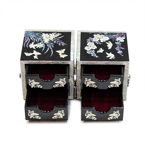 Four Gracious Plants NaturalMother of Pearl Double Lidded Jewelry Box (Medium, Glossy, Black) - Oh Myung - Ho