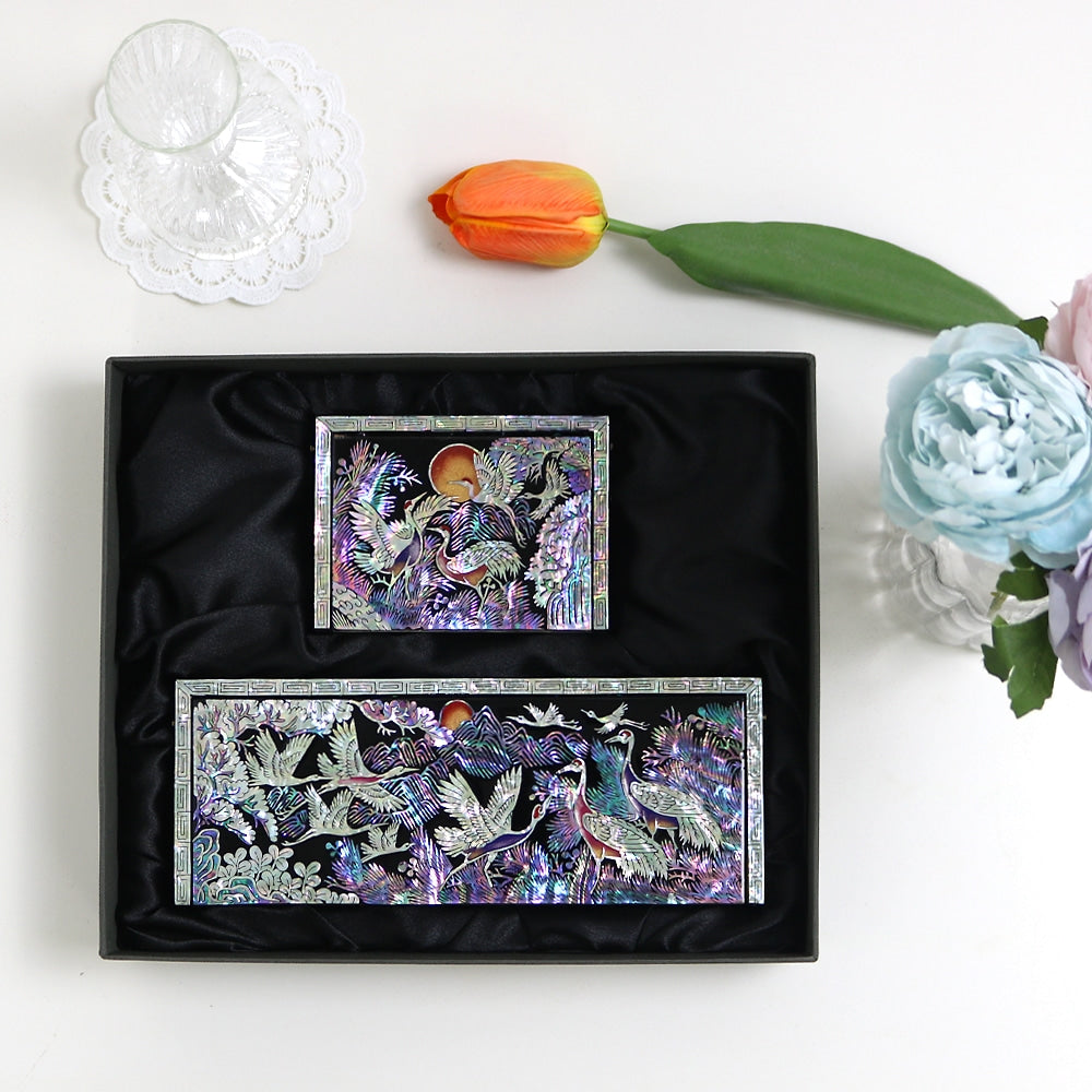 2-Piece Set: Premium Najeon Auto-Open Pine & Crane Pen Case Business Card Case (Master Artisan Jang Tae-bok)
