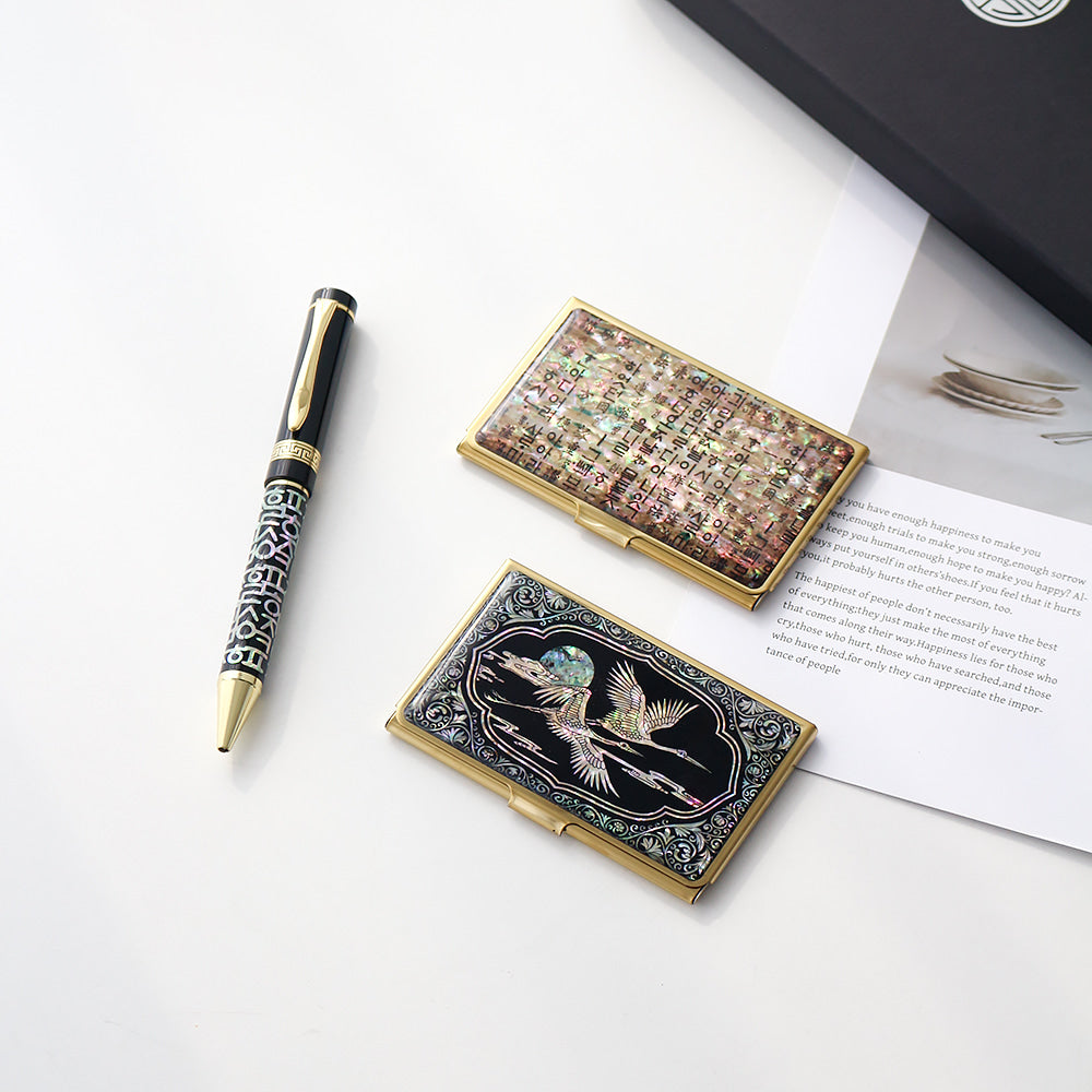 2-Piece Set: Gold Mother of Pearl Business Card Case N Hangul Lattice Mother of Pearl Pen Set (Lower Inlay)