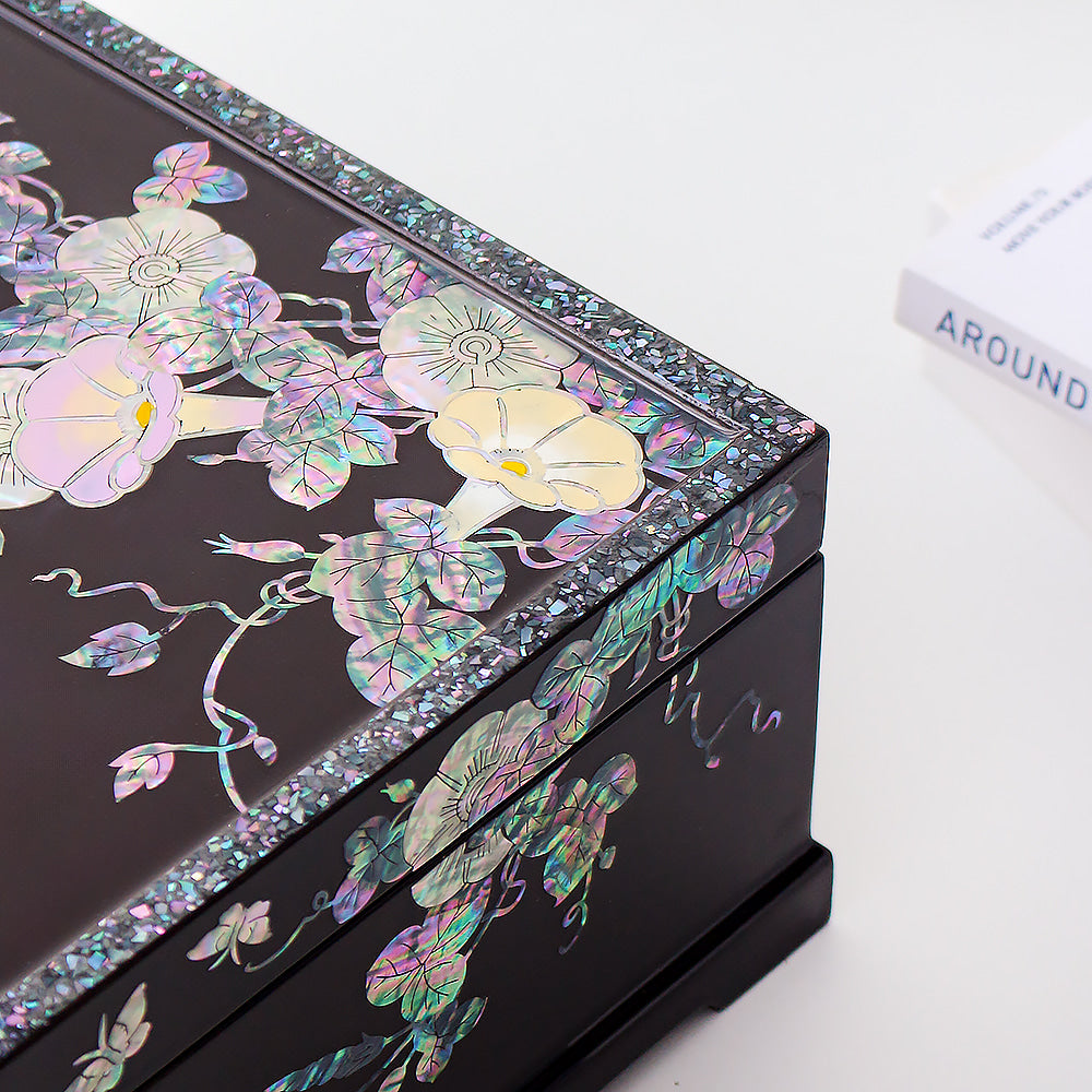 Masterpiece Najeonchilgi Flower Painted Flowers 2-Tier Mother of Pearl Jewelry Box, 30 cm