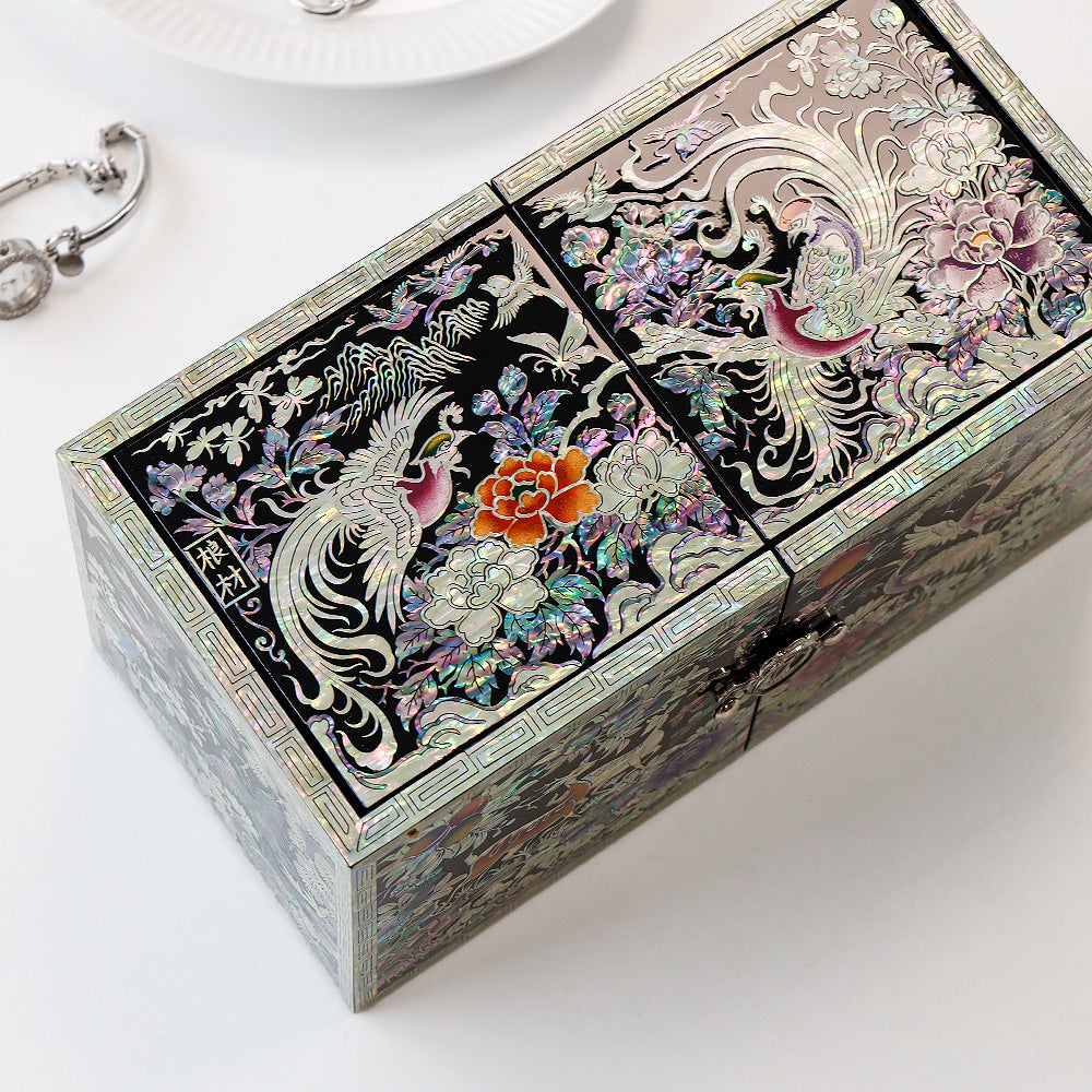 Masterpiece New Double-Lidded Golden Pheasant Large Black Mother of Pearl Jewelry Box