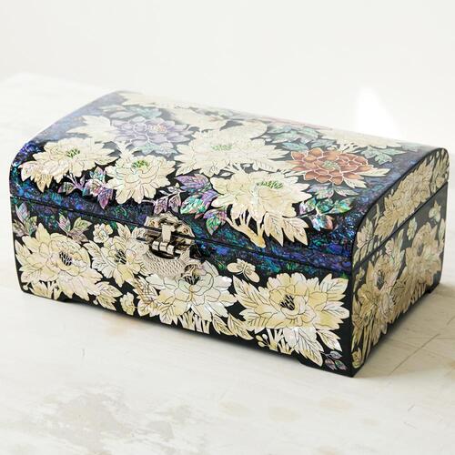 Blue mother of pearl peony jewelry box, 30 cm - top view