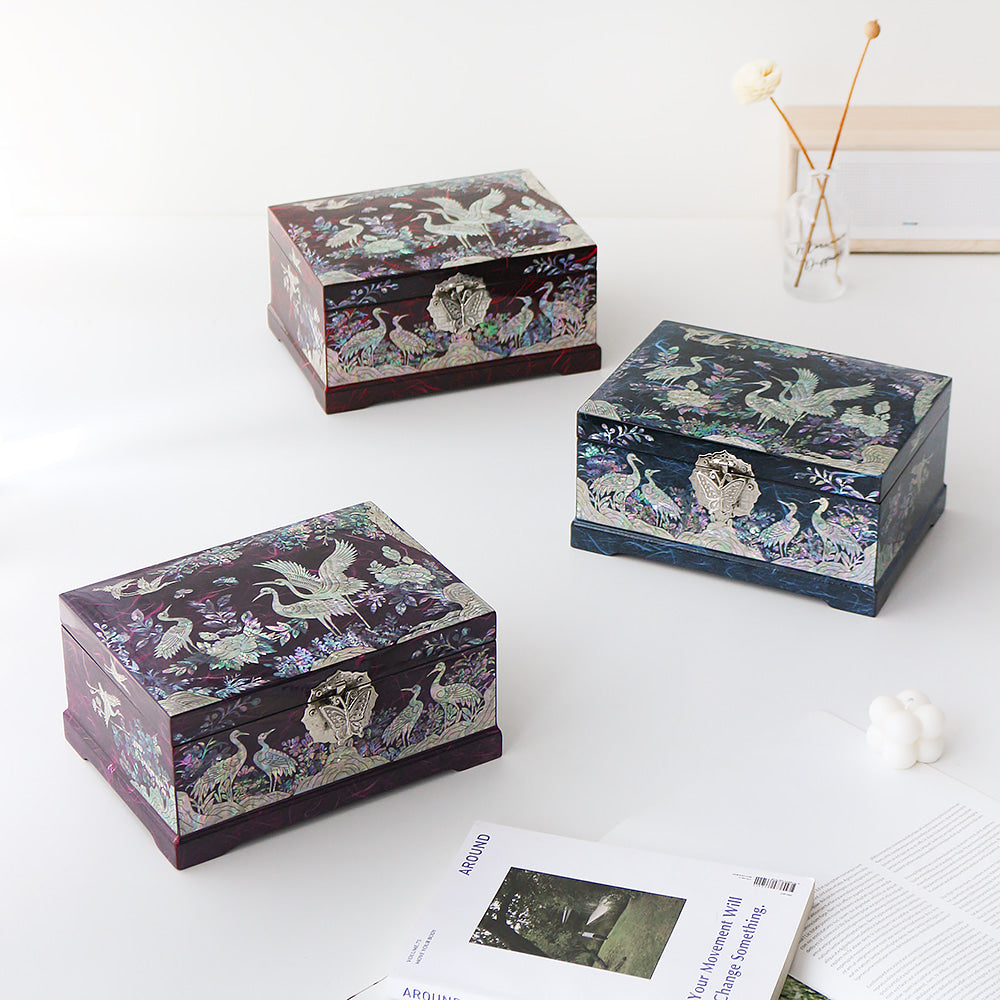 Najeonchilgi Hanji Flower Pine & Crane 2-Tier Mother of Pearl Jewelry Box, 21 cm