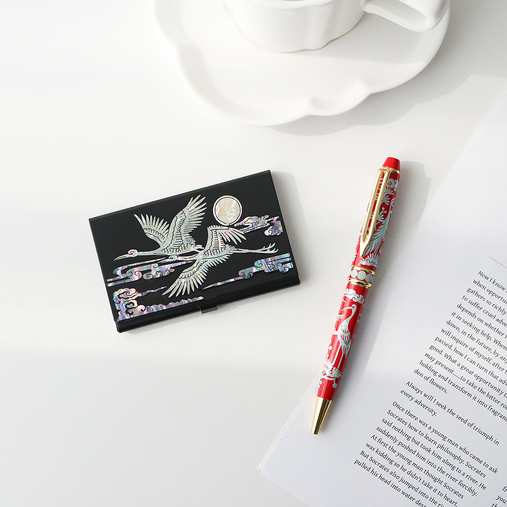 2-Piece Set: Carved Mother of Pearl Business Card Case Pine & Crane Mother of Pearl Pen Set