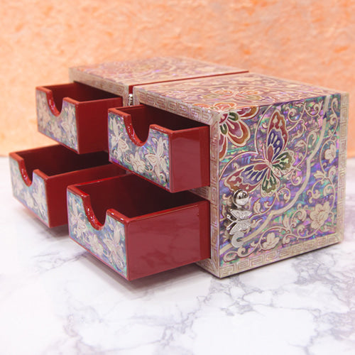 Arabesque Butterfly Double Lidded Jewelry Box (Medium, Red) - Oh Myung - Ho
