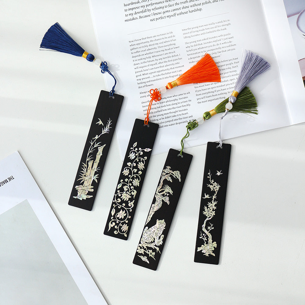 Wood Bookmark Hangul Lattice Mother of Pearl Pen (Lower Inlay) 2 Bell Set