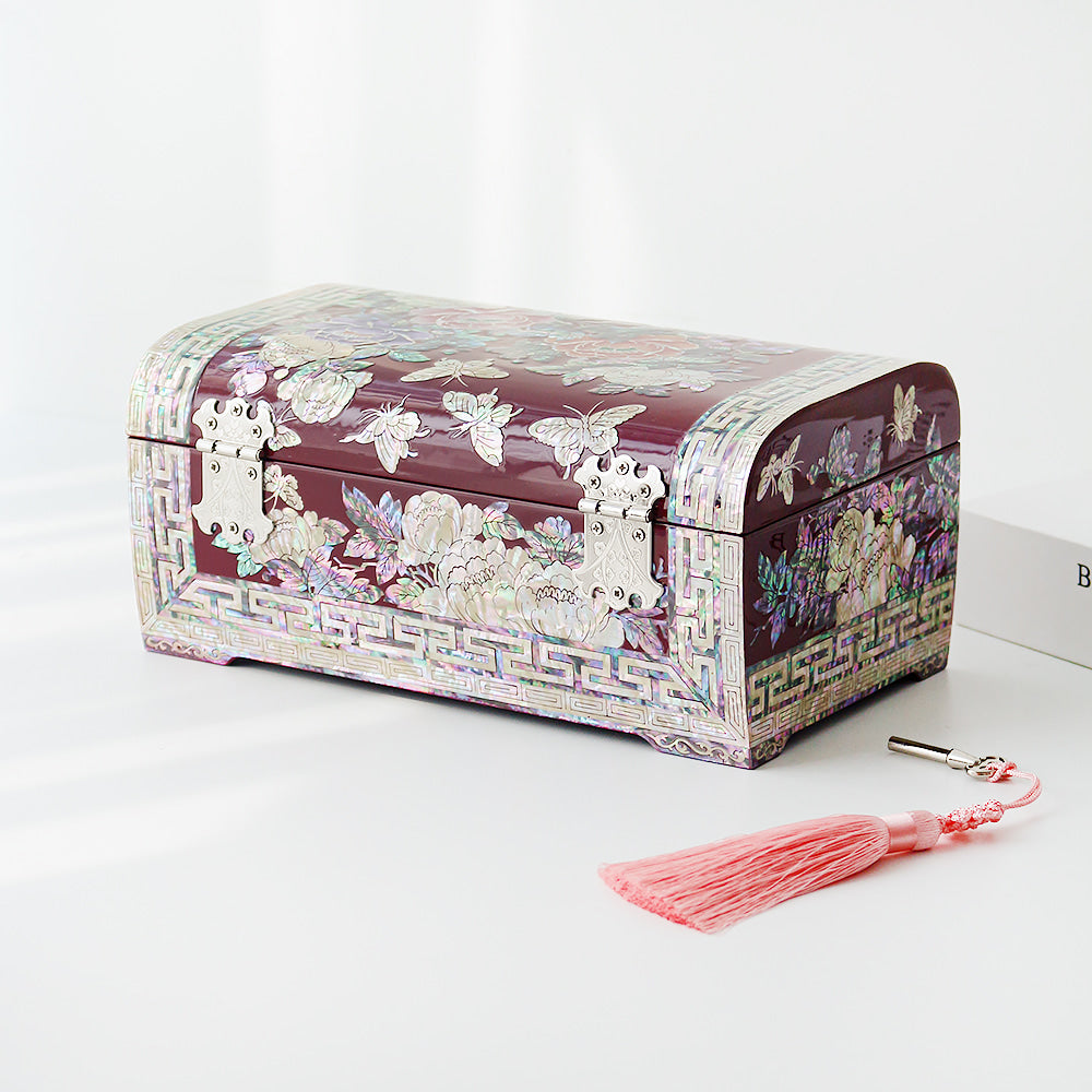 Najeonchilgi Painted Peony of Wealth Rounded Mother of Pearl Jewelry Box, 24 cm