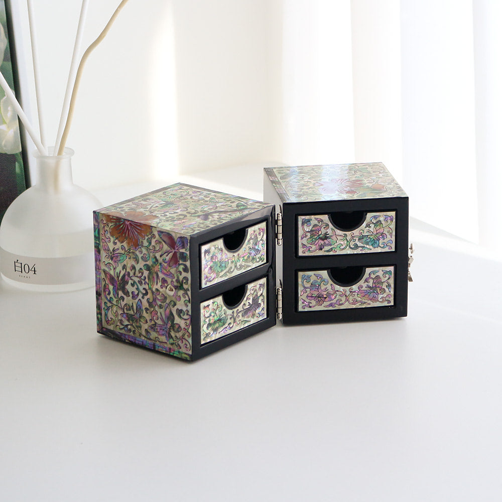 Najeonchilgi Painted Flower & Butterfly Double-Lidded Mother of Pearl Jewelry Box Black (Master Artisan Jang Tae-bok)