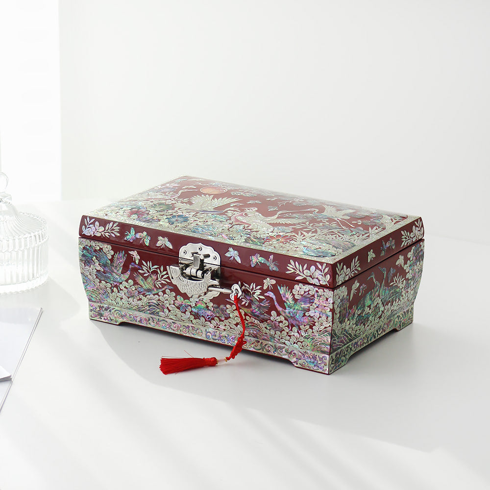 Masterpiece Najeon Large 2-Tier Flower Pine & Crane Jewelry Box, 30 cm (Master Artisan Jang Tae-bok)