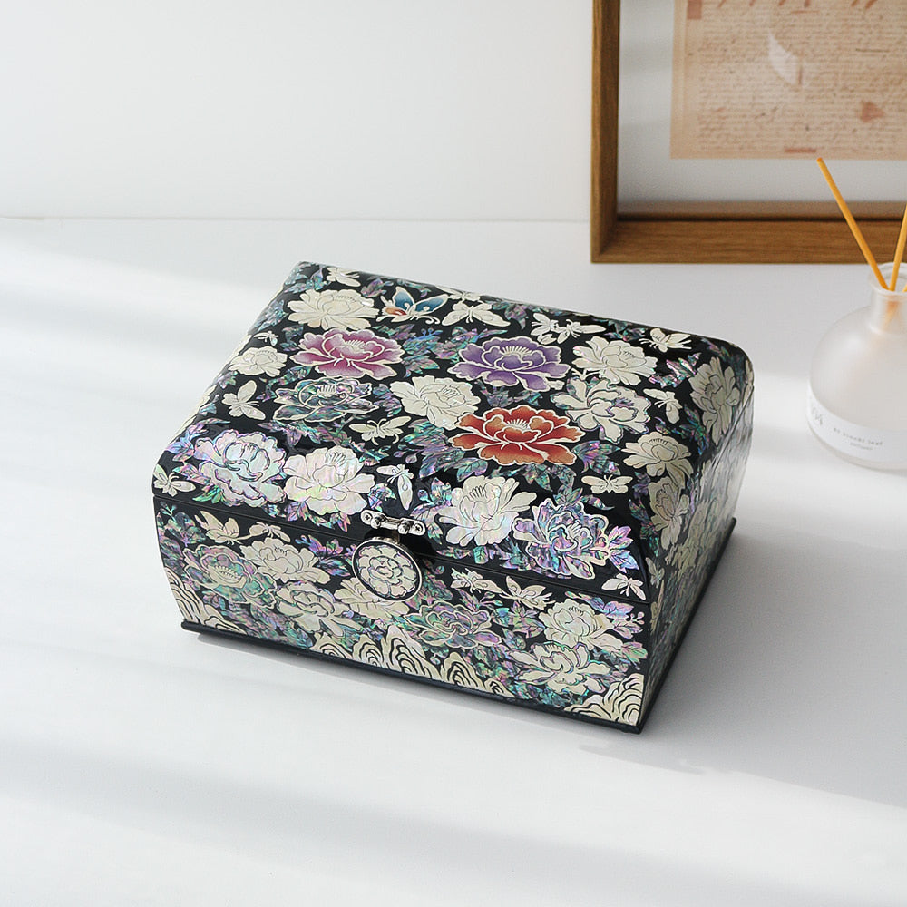 Najeonchilgi Peony Rounded Mother of Pearl Jewelry Box, 24 cm