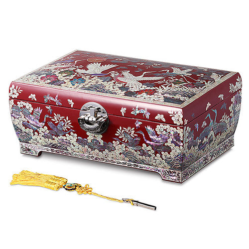 Pine & Crane Rounded 2-Tier Najeonchilgi Jewelry Box, Large (Red) by Jang Tae-bok