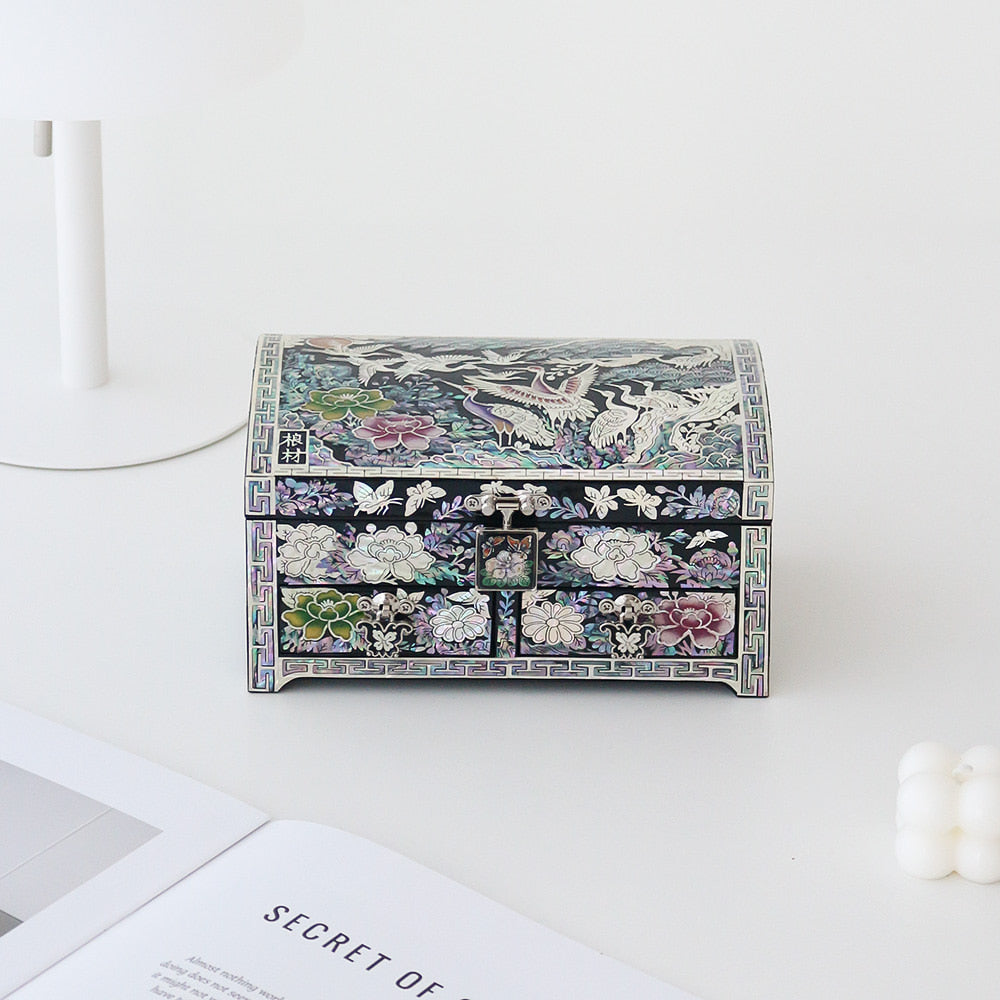 Masterpiece Najeonchilgi New Pine & Crane 1-Tier Drawer Mother of Pearl Jewelry Box, 18 cm (Master Artisan Kim Young-man)