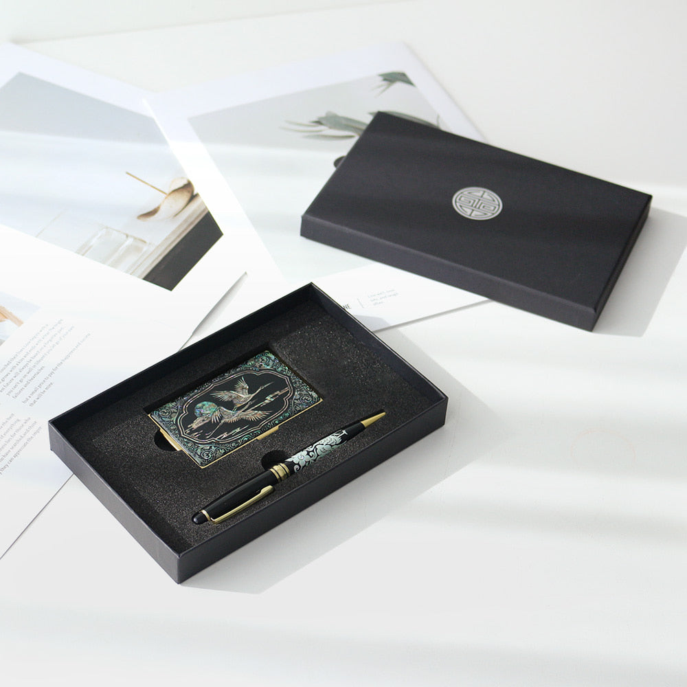 2-Piece Set: Gold Mother of Pearl Business Card Case N Mother of Pearl Pen