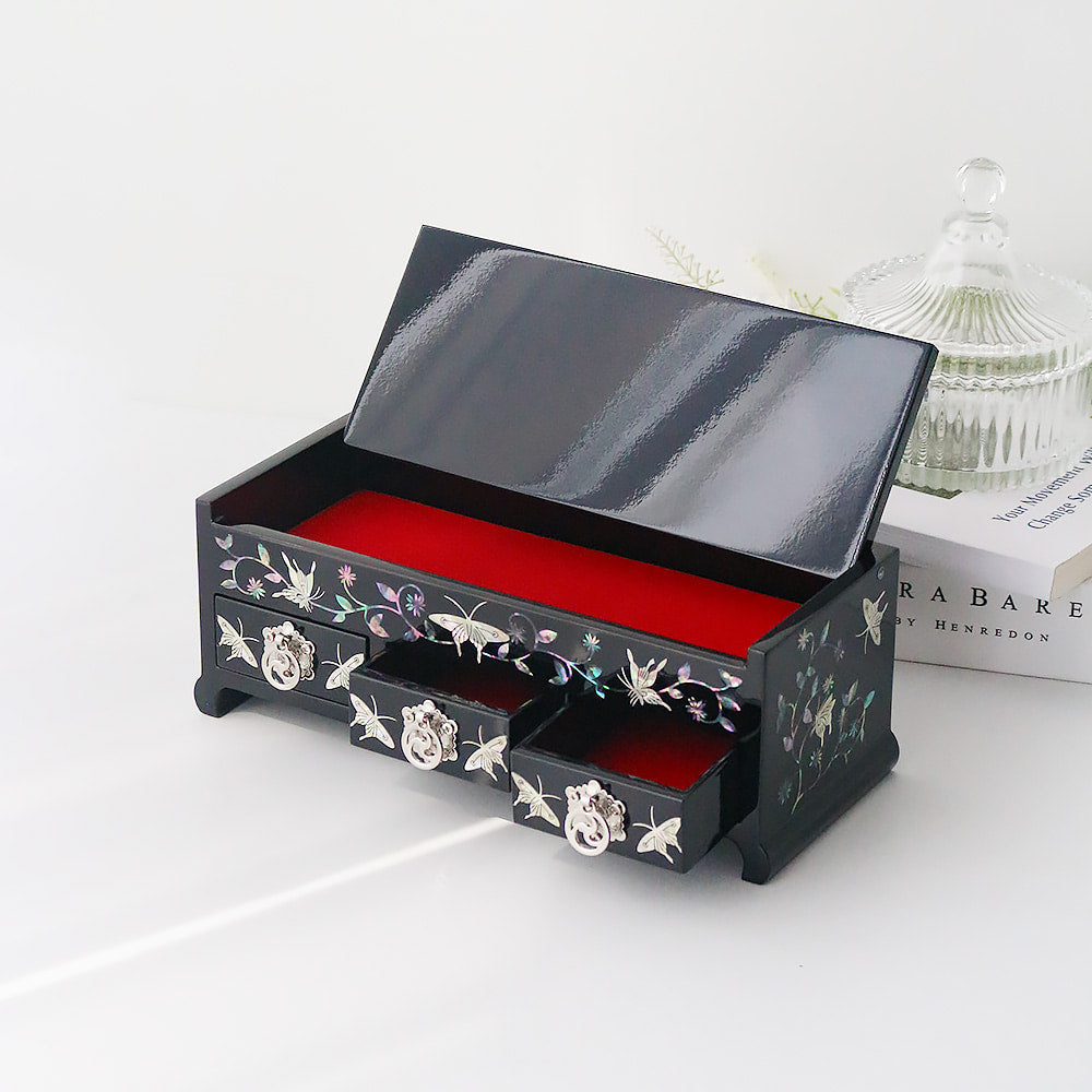 Najeonchilgi Arabesque Butterfly 3-Tier Drawer Mother of Pearl Jewelry Box, 23 cm