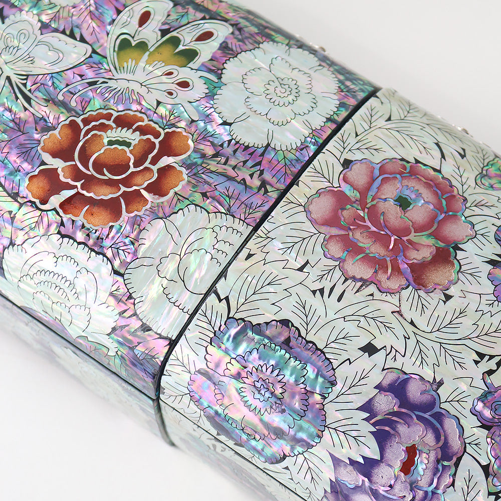 Najeonchilgi Painted Peony Rounded Joseon Style Mother of Pearl Jewelry Box, 21 cm