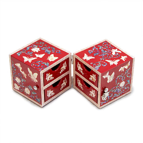 Butterfly NaturalMother of Pearl Double Lidded Jewelry Box (Medium, Glossy, Red) - Oh Myung - Ho