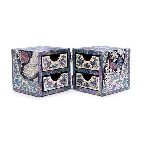 Peacock Double Lidded Mother of Pearl Jewelry Box (Medium, Black) - Oh Myung - Ho