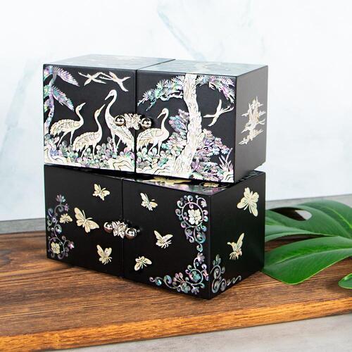Najeonchilgi Lacquerware SecretJewelry Box Crane & Pine Motif Double Lidded Mother of Pearl Jewelry Box