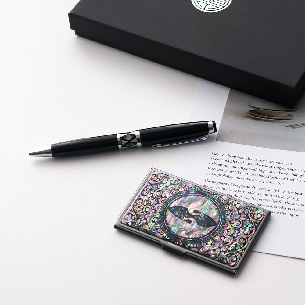 2-Piece Set: Black Mother of Pearl Business Card Case N Gift Mother of Pearl Pen
