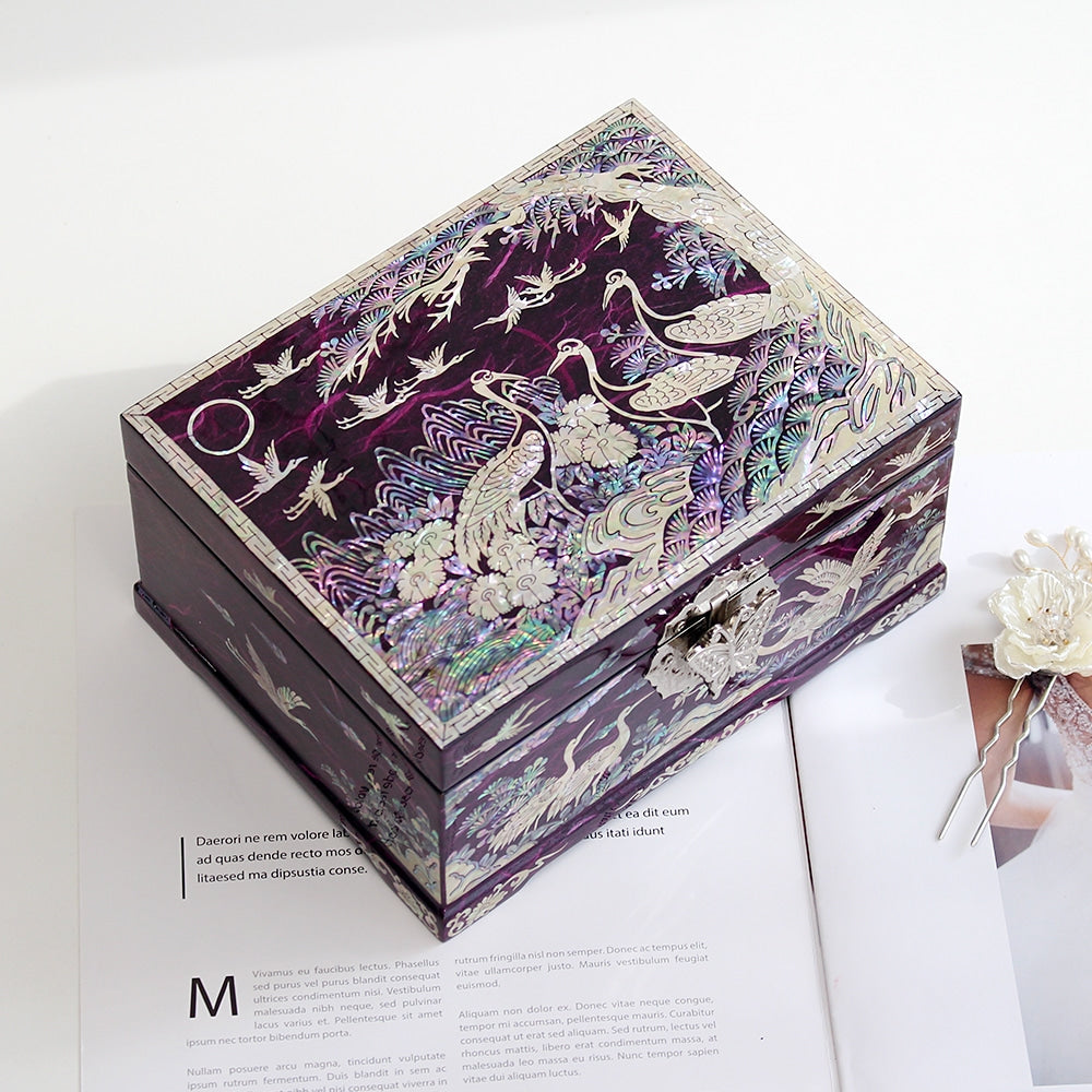 Najeonchilgi Pine & Crane Hanji Mother of Pearl Jewelry Box, 18 cm