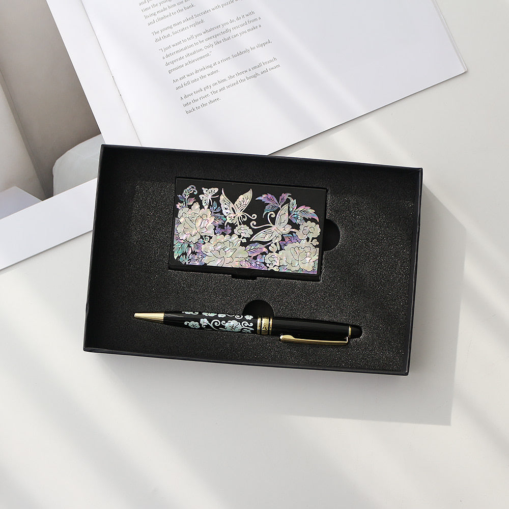 2-Piece Set: Carved Business Card Case K Mother of Pearl Pen Set