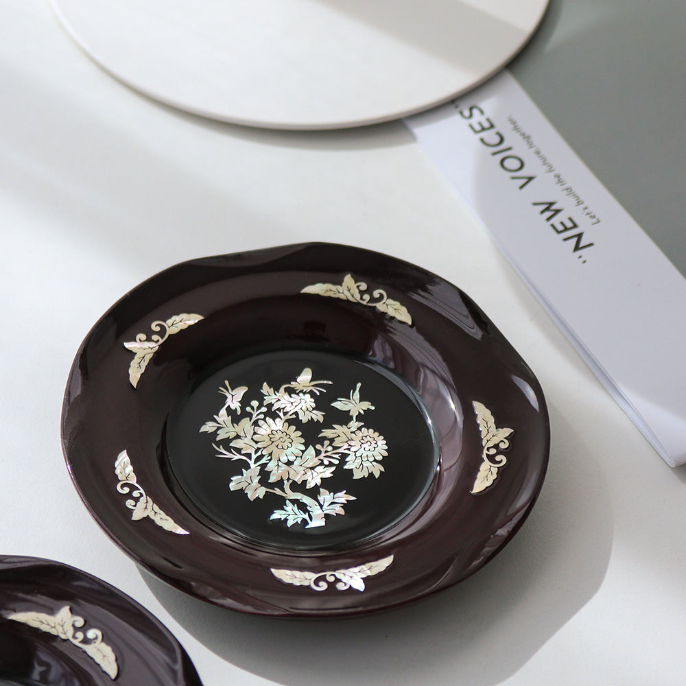 6-Piece Set: Najeonchilgi Arabesque Four Gentlemen Tea Coaster Set (Chrysanthemum) Mother of Pearl Coaster Traditional Coaster (Master Artisan Lee Won-geun)