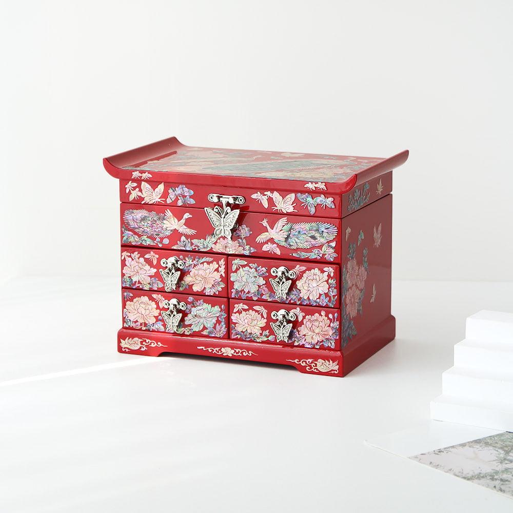 Najeonchilgi Peacock Flower 4-Tier Drawer Mother of Pearl Jewelry Box (Medium)