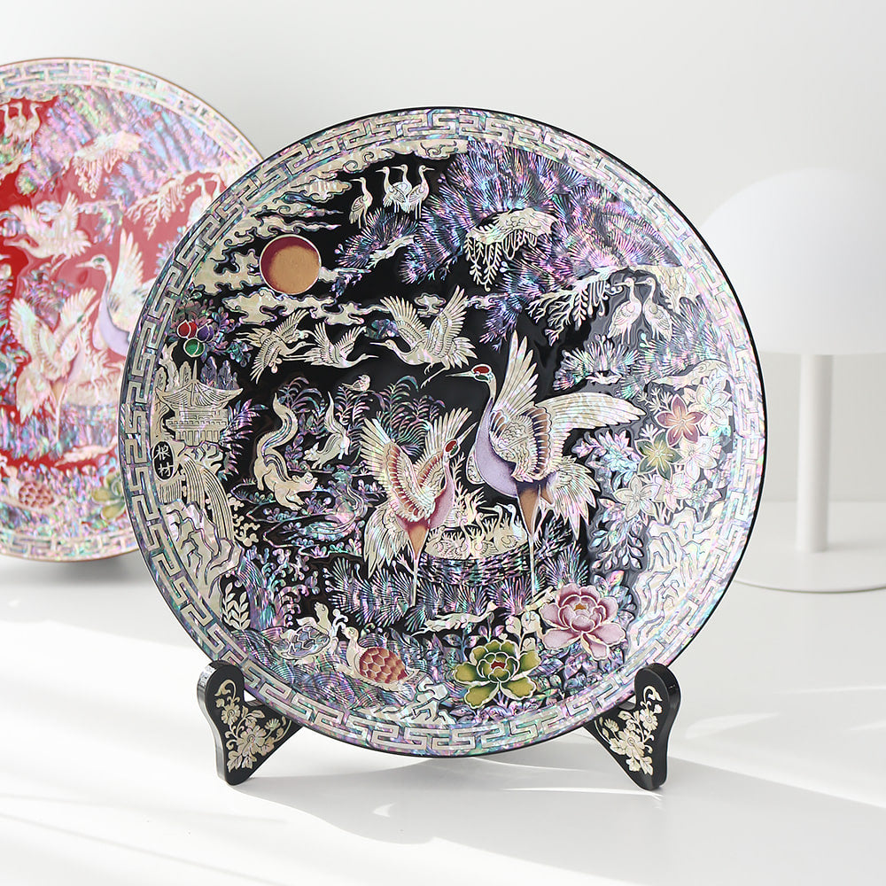 Najeonchilgi Crane Round Ornament Dragon Mother of Pearl Tray, 30 cm