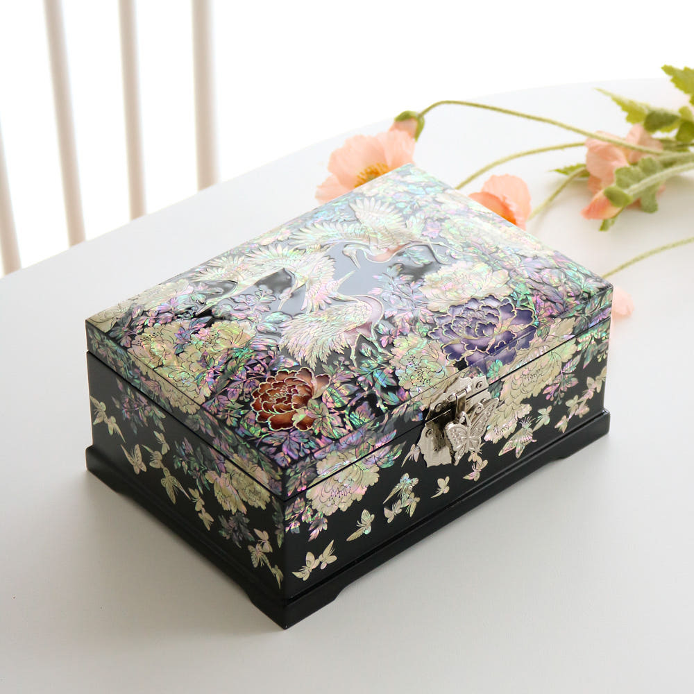 Premium Yedan Jewelry Box Peony of Wealth Rounded Mother of Pearl Jewelry Box Black Najeonchilgi Jewelry Box, 21 cm