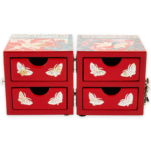 Square Crane & Pine Double Lidded Mother of Pearl Jewelry Box (소 - Red, Black)
