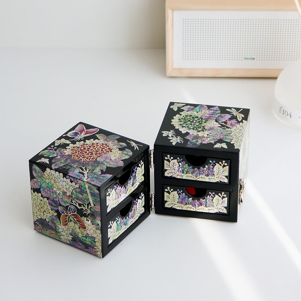 Najeonchilgi Hydrangea Double-Lidded Mother of Pearl Jewelry Box Black (Master Artisan Jang Tae-bok)