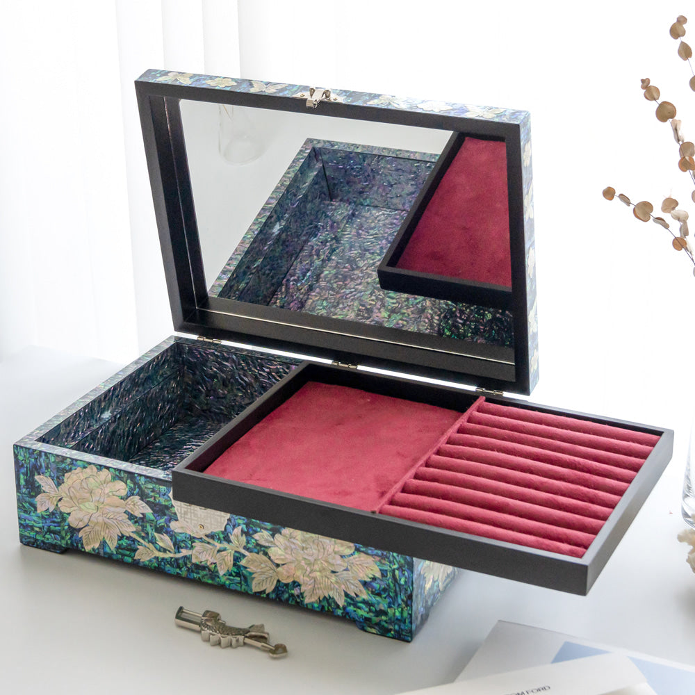 Peony 2-Tier Najeonchilgi Mother of Pearl Jewelry & Document Box, 34 cm