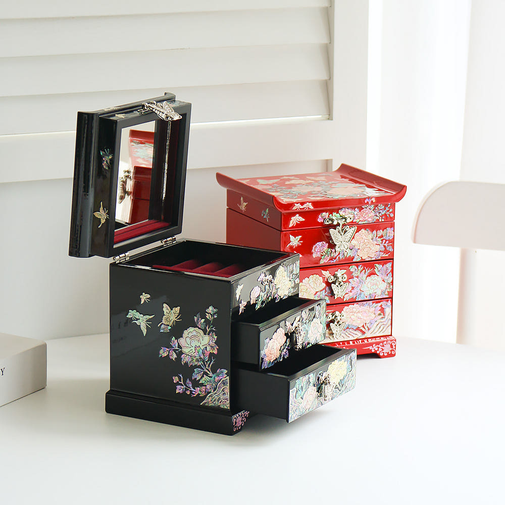 Vivid Peony 2-Tier Drawer Mother of Pearl Jewelry Box Najeonchilgi Jewelry Box Najeon Vanity Mirror Jewelry Box Storage