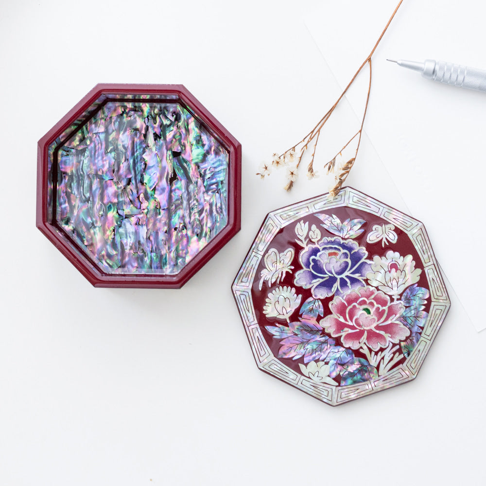 Najeonchilgi Lacquerware Crane & Pine Octagonal Mother of Pearl Box 9 Cm Mini Mother of Pearl Jewelry Box Ring Storage Box Gift for International Customers