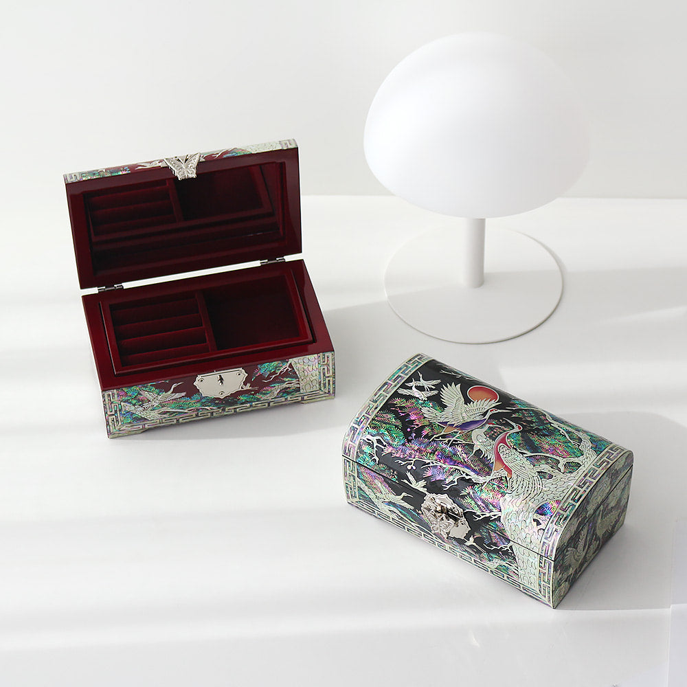 Najeonchilgi Pine & Crane Rounded Mother of Pearl Jewelry Box, 18 cm