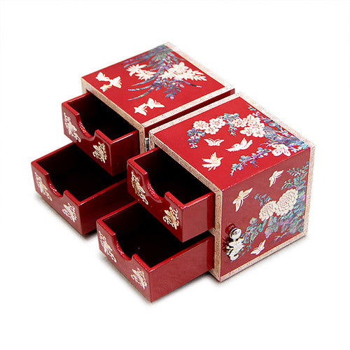 Four Gracious Plants NaturalMother of Pearl Double Lidded Jewelry Box (Medium, Glossy, Red) - Oh Myung - Ho