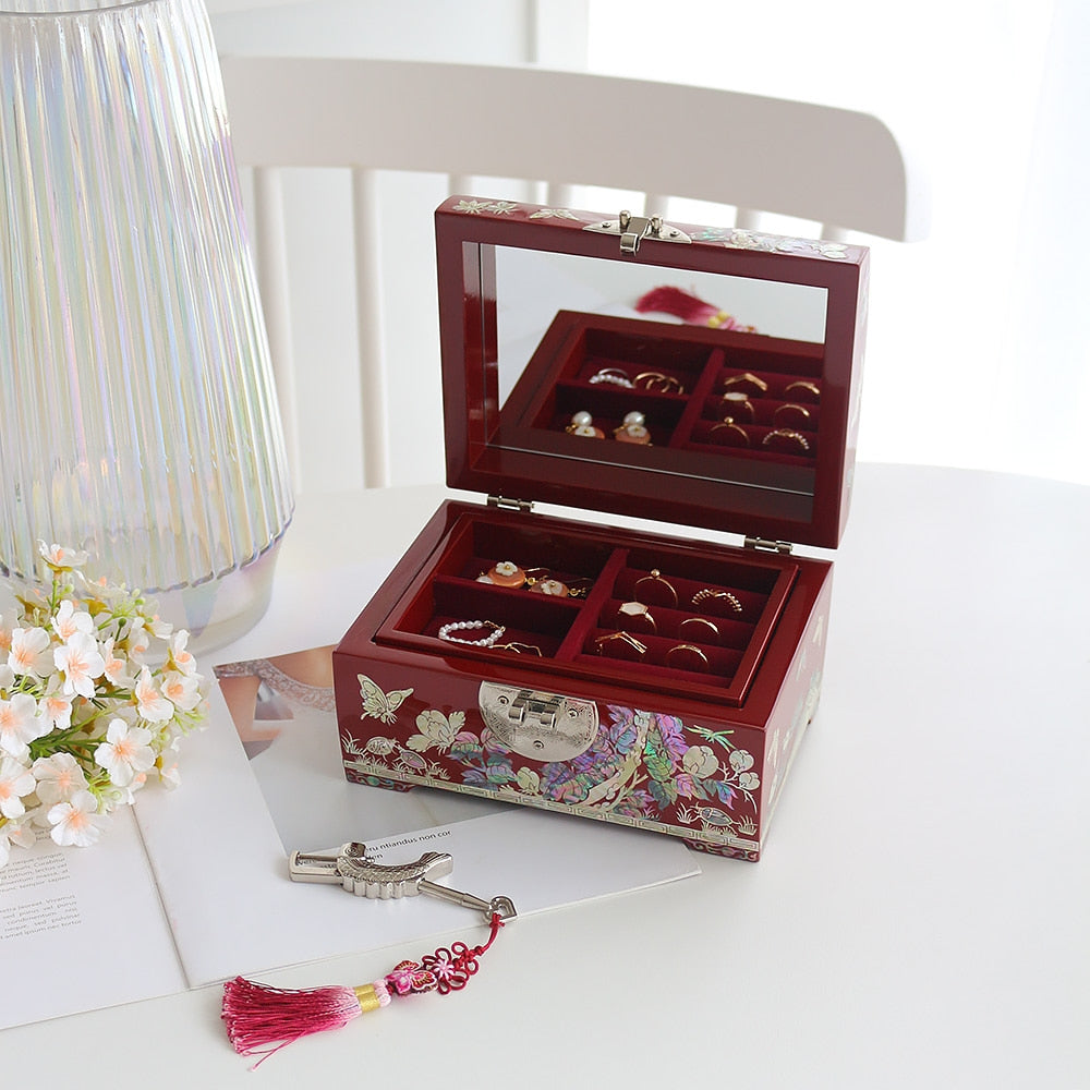 Premium 2-Tier Najeonchilgi Rounded Peony Red Mother of Pearl Jewelry Box, 18 cm (Master Artisan Jang Tae-bok)