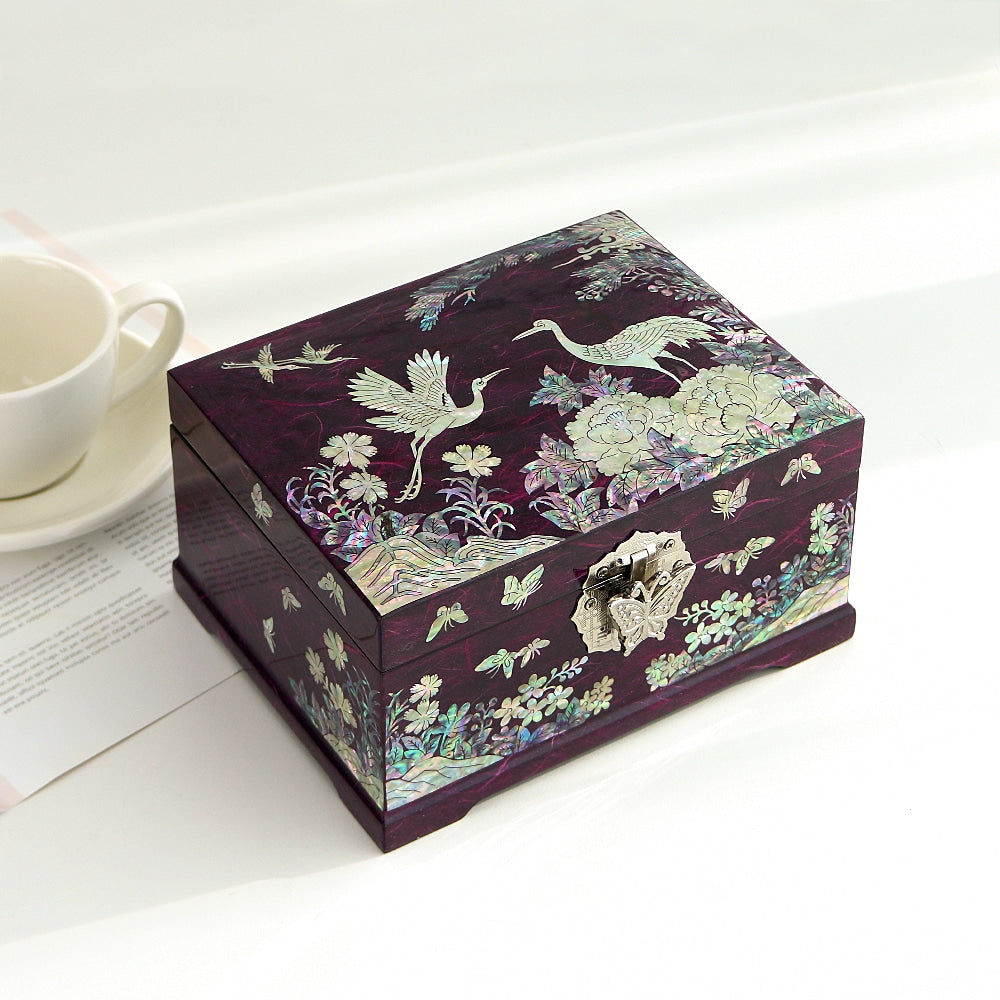 Najeonchilgi Peony Pine & Crane Hanji Mother of Pearl Jewelry Box, 18 cm