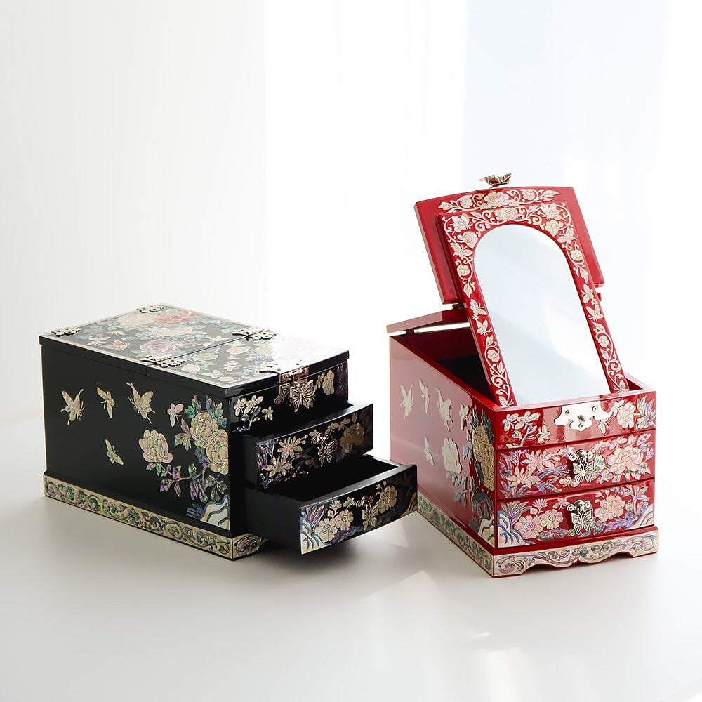Najeonchilgi Painted Peony of Wealth Mother of Pearl Vanity Mirror Jewelry Box