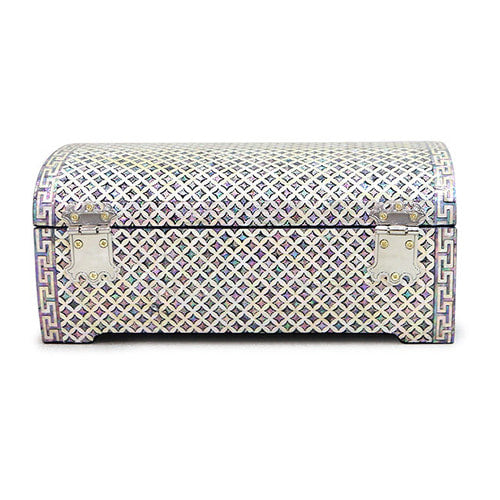 Rear hinges and geometric pattern on the Seven Treasures mother-of-pearl jewelry box