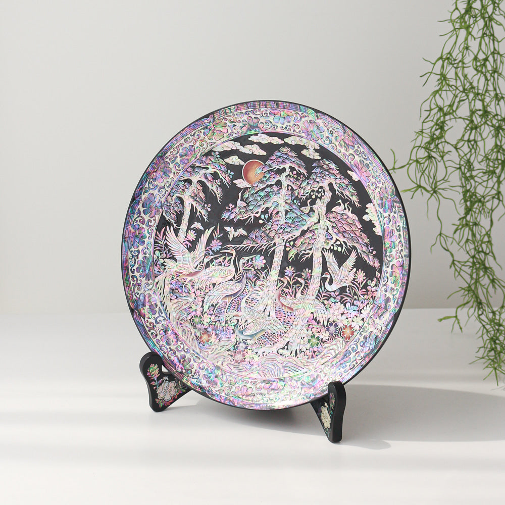 Najeonchilgi Pine & Crane Ornament Dragon Round Mother of Pearl Tray, 30 cm