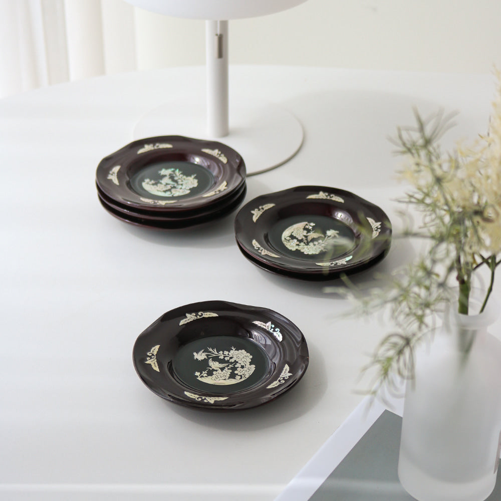 6-Piece Set: Najeonchilgi Arabesque Four Gentlemen Tea Coaster Set (Plum Blossom) Mother of Pearl Coaster Traditional Coaster (Master Artisan Lee Won-geun)
