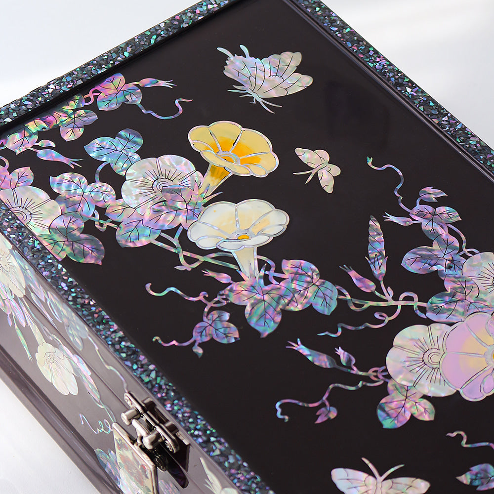 Masterpiece Najeonchilgi Flower Painted Flowers 2-Tier Mother of Pearl Jewelry Box, 30 cm