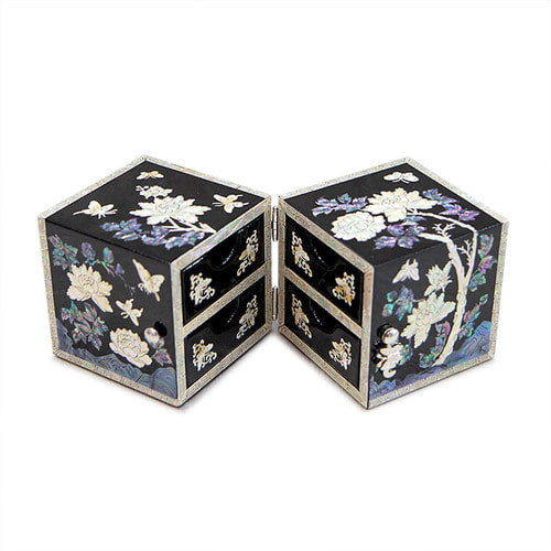Peony NaturalMother of Pearl Double Lidded Jewelry Box (Medium, Glossy, Black) - Oh Myung - Ho