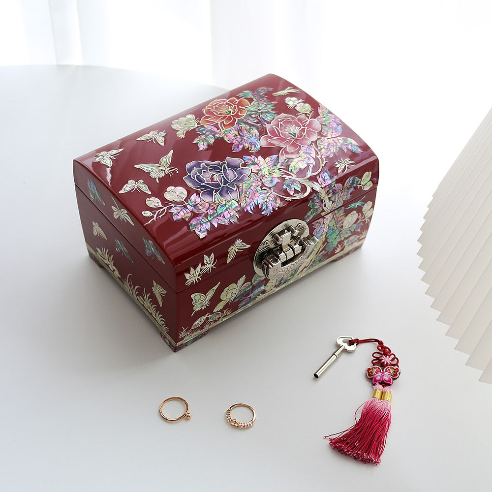 Premium 2-Tier Najeonchilgi Rounded Peony Red Mother of Pearl Jewelry Box, 18 cm (Master Artisan Jang Tae-bok)