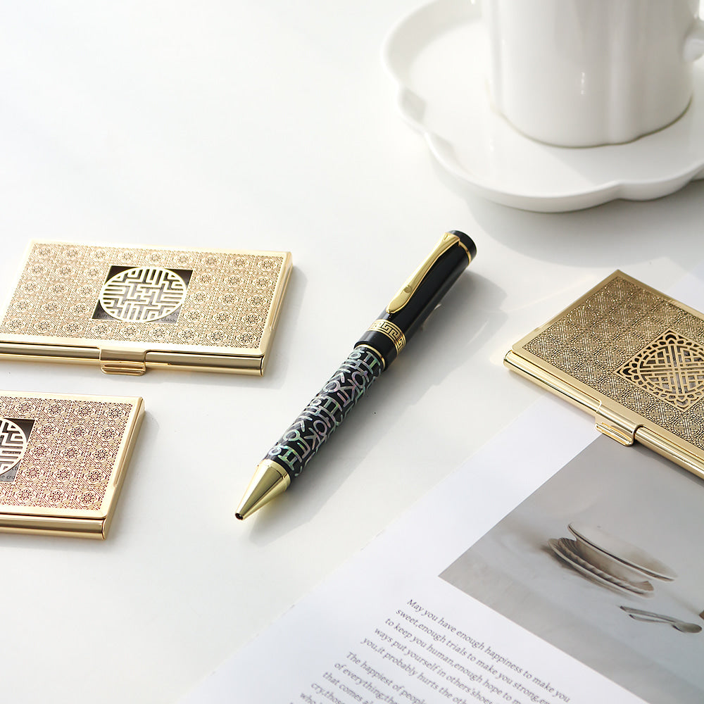 2-Piece Set: Metal Gold Mother of Pearl Business Card Case Hangul Lattice Mother of Pearl Pen Set (Lower Inlay)